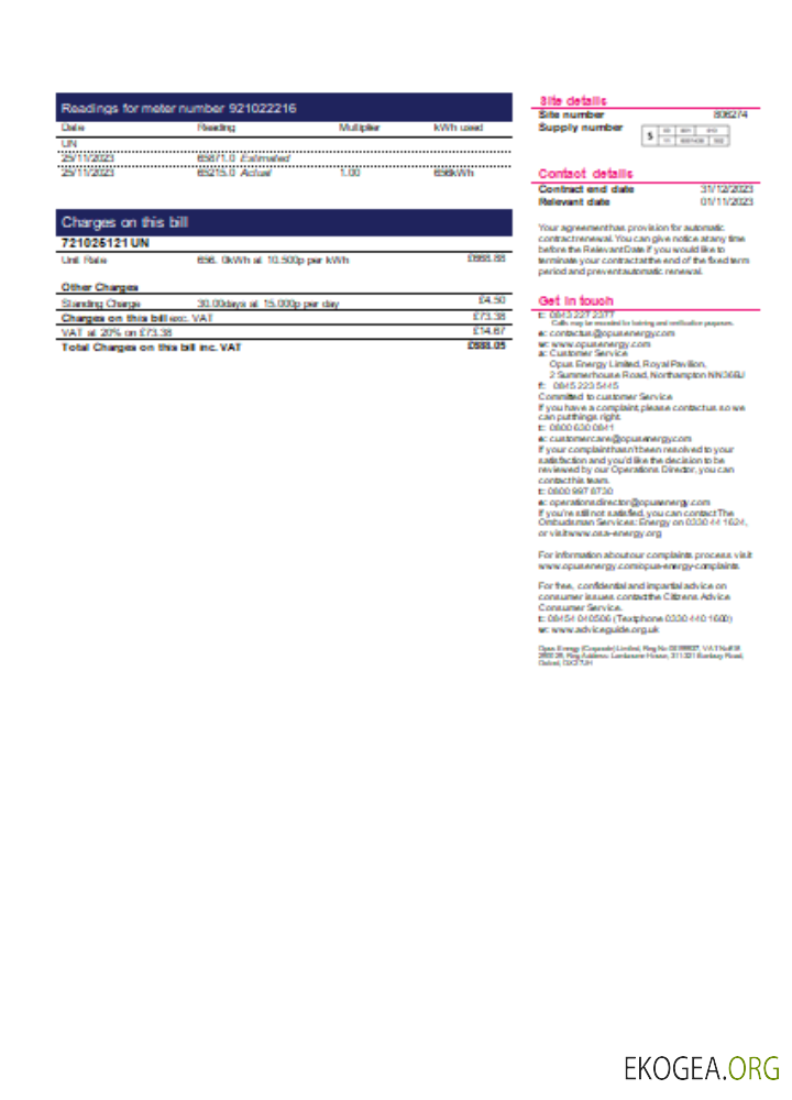 Facture commerciale du service public d'électricité Opus Energy, page 2, SCR